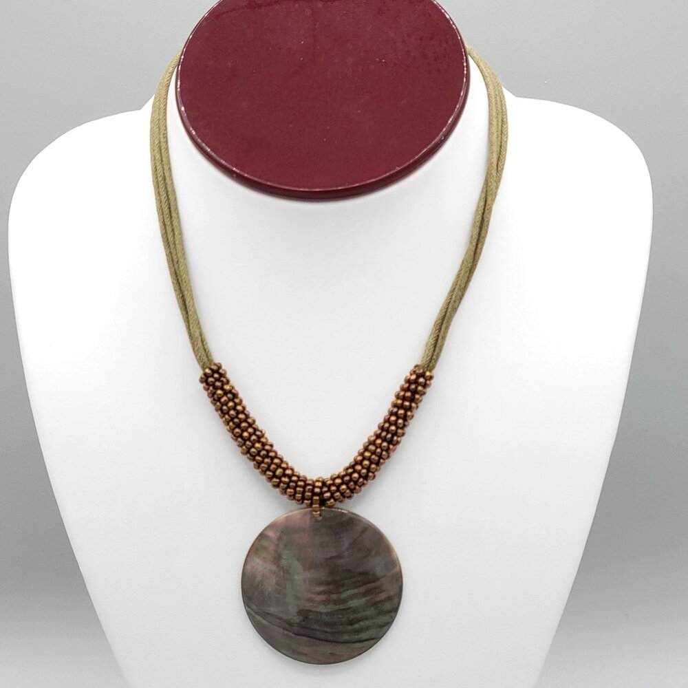 Lia Sophia Corded Bronze Beaded Necklace MOP Mother of Pearl Pendant 16 in